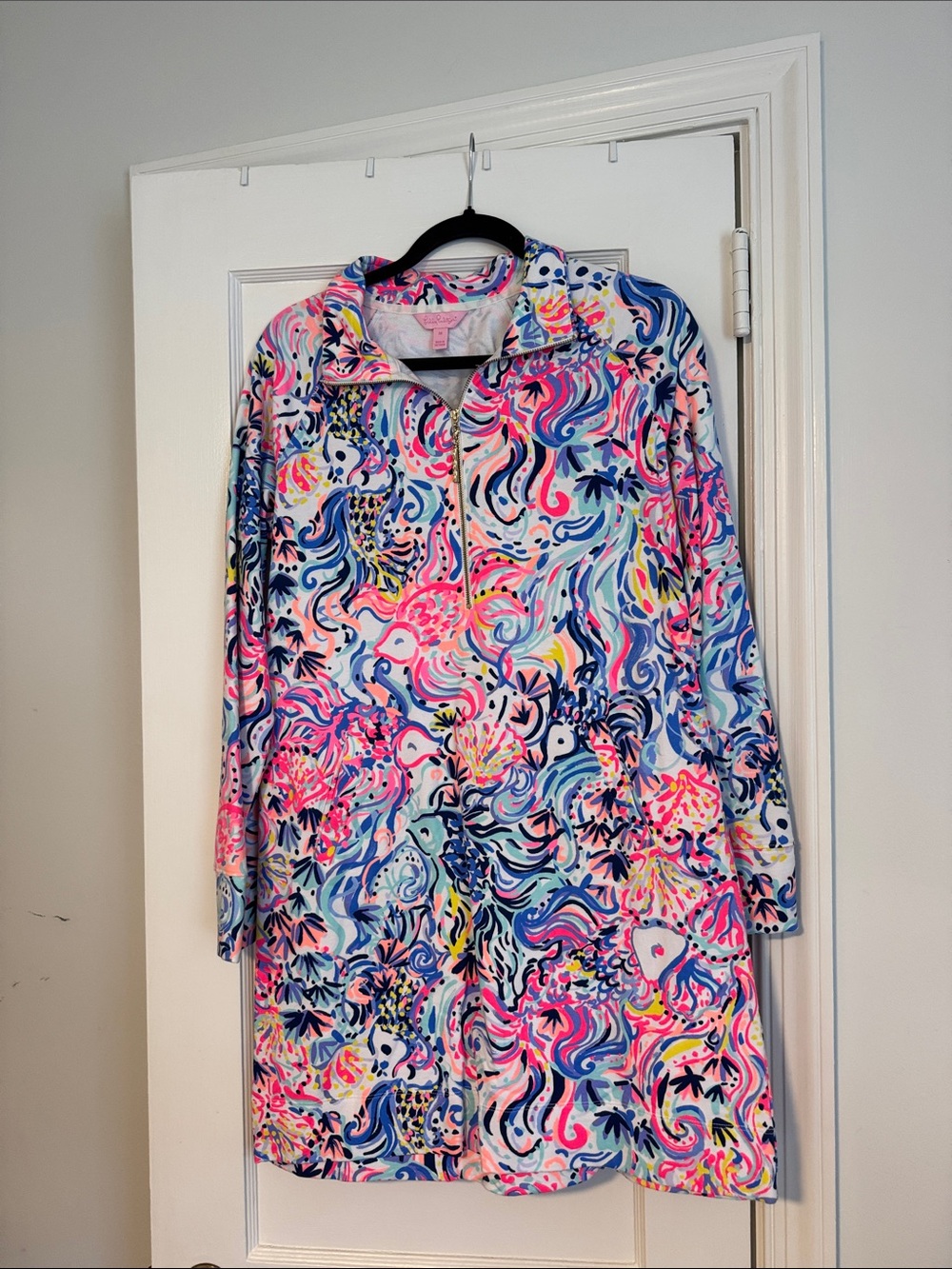 Lilly Pulitzer Pink, Blue & Green Swirl Zip-Front Long Sleeve Dress